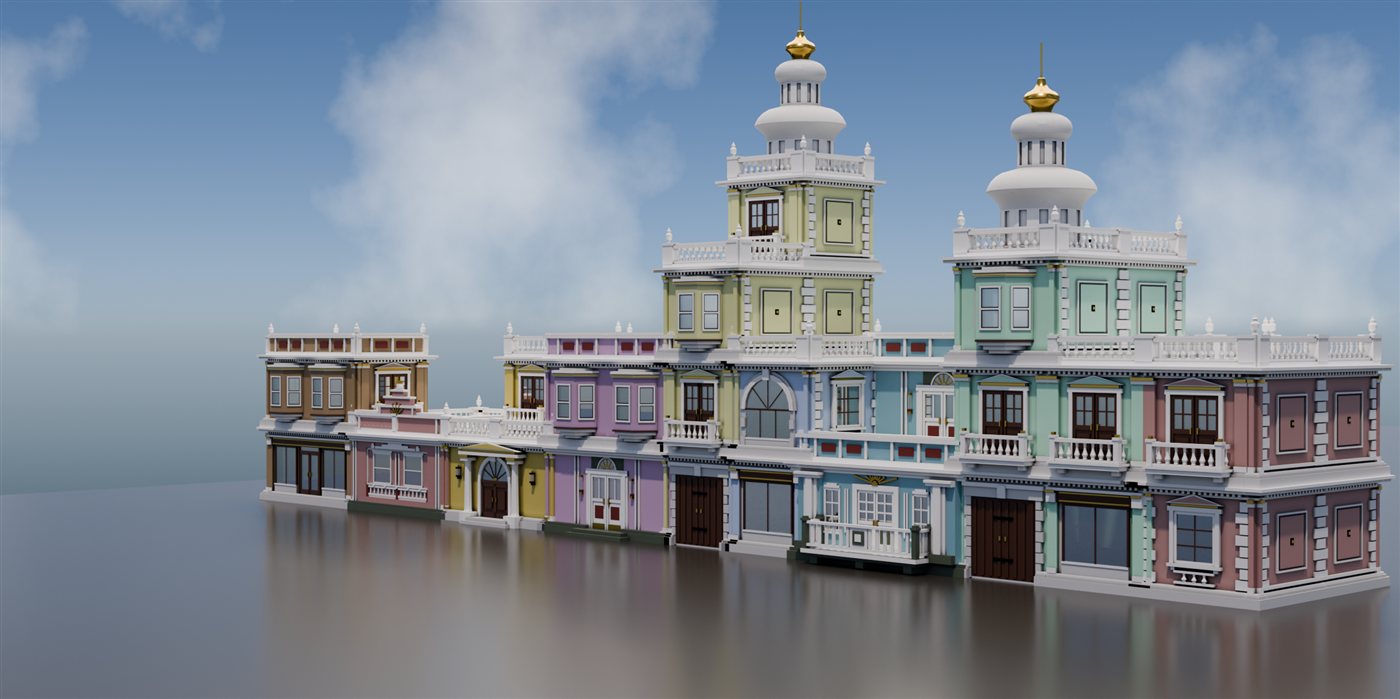 A row of buildings, each in its own colour