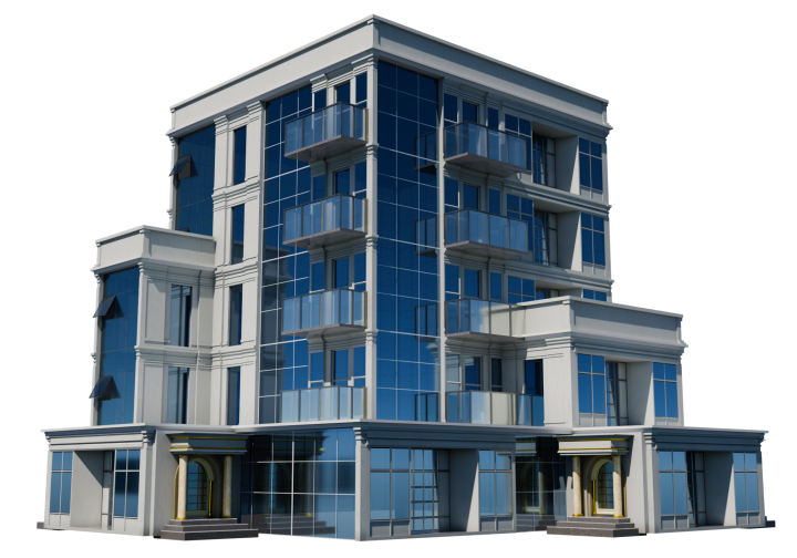 A blue-glass building made with BuildXQ