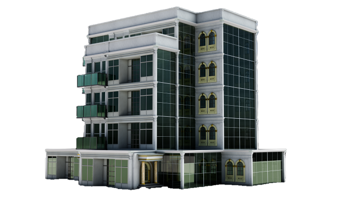 A green-glass building made with BuildXQ